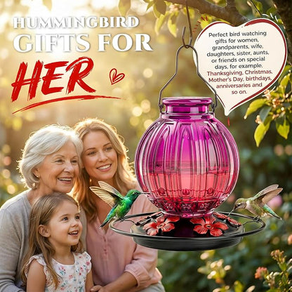 Glass Hummingbird Feeder for Outdoors Hanging, 26Oz Bird Nectar Feeder with Perch & 5 Flower Feeding Ports, Leak Proof for Outside Garden Decor Backyard, Gifts for Women Mom, Purple & Red