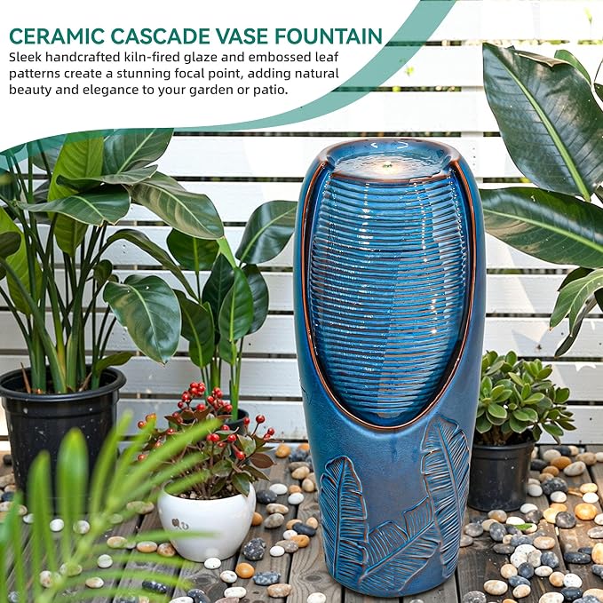 32" H Outdoor Garden Fountain with LED Lights, Modern Ceramic Jar Water Fountain, 3D Tropical Leaf Pattern, Teal Blue Glaze, Soothing Cascading Waterfall for Relaxing Patio, Yard, Porch