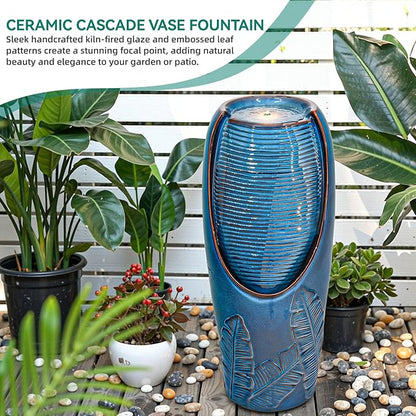 32" H Outdoor Garden Fountain with LED Lights, Modern Ceramic Jar Water Fountain, 3D Tropical Leaf Pattern, Teal Blue Glaze, Soothing Cascading Waterfall for Relaxing Patio, Yard, Porch