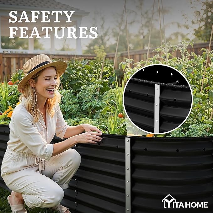 YITAHOME 8x2x2ft Galvanized Oval Raised Garden Bed, Metal Planter Box with Safety Rubber, Gloves, Outdoor Flower Bed for Planting Plants Vegetables, Black