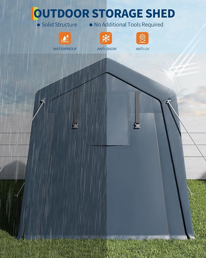 6 x 8 ft Bike Shed ATV Storage Tent Portable Storage Shed Outdoor Carport Tarp Sheds with Roll-Up Door for Motorcycle, Car, Garden Tools Grey