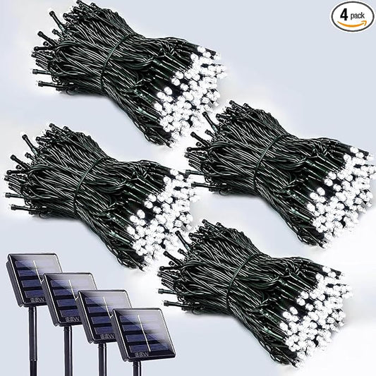 Solar String Lights Outdoor 4 Pack 400 LED Solar Christmas Light Cool White | 8 Lighting Modes, Memory Function, Auto On/Off, 132FT Waterproof Twinkle Lights for Outside Wedding Holiday Party Decorations