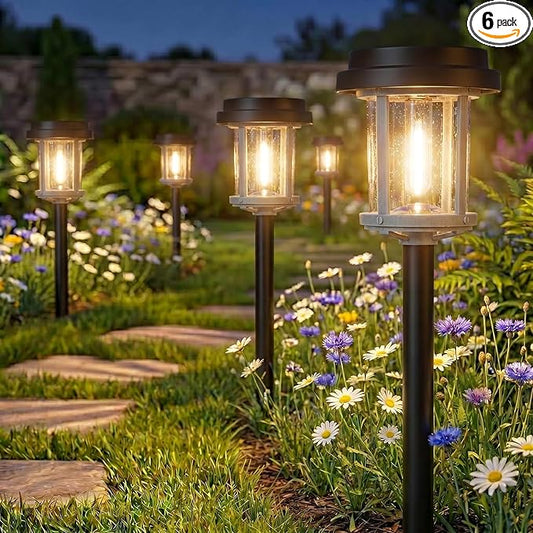 XMCOSY+ Solar Pathway Lights Outdoor, Garden Lights with Metal & Glass, 20 LM Warm Bright Light, Outside Solar Powered Lights for Yard Waterproof Landscape Lighting Walkway(Black & Grey)