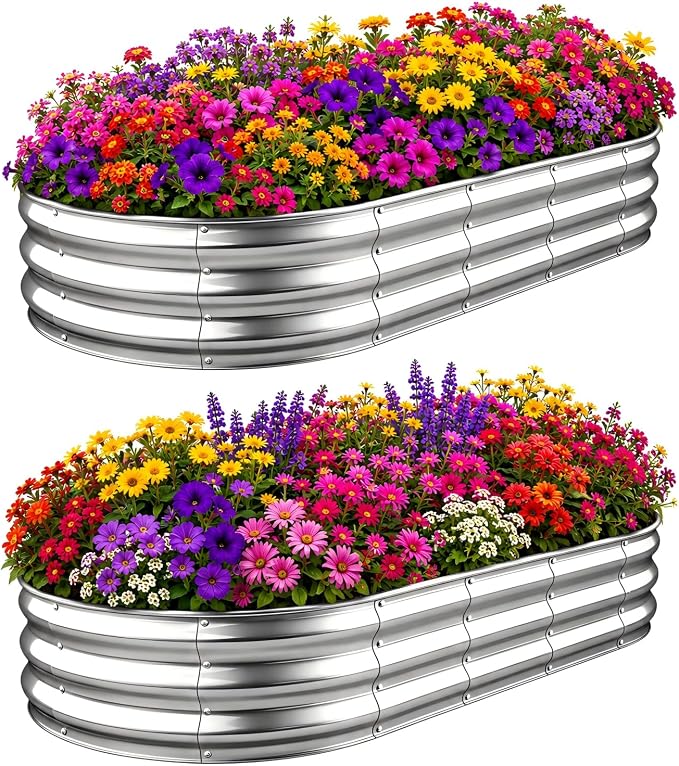 2 Pack 6×3×1 FT Galvanized Raised Garden Bed Kit, 12-Inch Deep Oval Metal Planter Boxes, Rust-Resistant Deep Root Planters for Outdoor Vegetables, Flowers, Herbs, Strawberry, tomatoes, Classic Silver