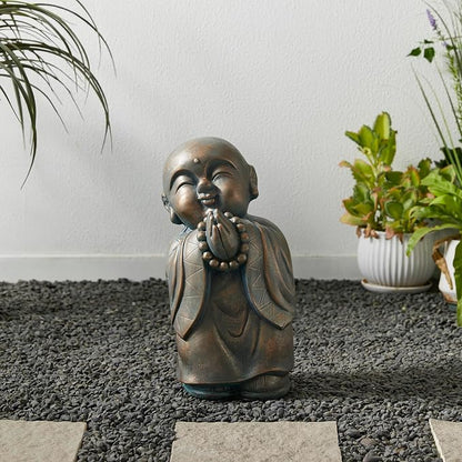 Glitzhome MGO Faux Bronze Little Buddha Monk Garden Staue Indoor and Outdoor Sculpture Decoration, 16.5" H