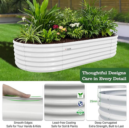 A ANLEOLIFE 8X4X1.5 ft Galvanized Raised Garden Beds Outdoor, Oval Large Metal Planter Box for Planting Vegetables Flowers Herb, Anti-Rust & Easy-Setup, Antique White