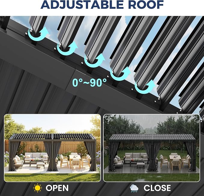 12' x 20' Louvered Pergola, Aluminum Frame Outdoor Pergola with Curtains & Netting, Adjustable Louvered Roof & Integrated Gutter System, Hardtop Patio Gazebo for Backyard, Patio, Garden, Dark Gray