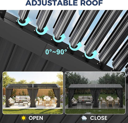 12' x 20' Louvered Pergola, Aluminum Frame Outdoor Pergola with Curtains & Netting, Adjustable Louvered Roof & Integrated Gutter System, Hardtop Patio Gazebo for Backyard, Patio, Garden, Dark Gray