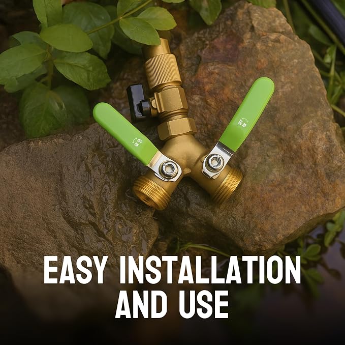 2-Way Hose Splitter – Heavy Duty Brass Y Connector with Stainless Steel Rubbered Handle, 3/4” GHT Thread – Full Flow Garden Hose Splitter for Outdoor Faucets