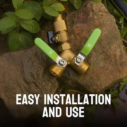 2-Way Hose Splitter – Heavy Duty Brass Y Connector with Stainless Steel Rubbered Handle, 3/4” GHT Thread – Full Flow Garden Hose Splitter for Outdoor Faucets