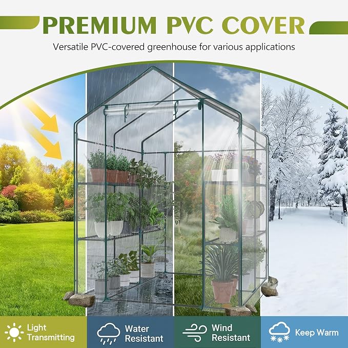 NEWBULIG Walk-in Greenhouse 56.3"x56.3"x76.7" Outdoor, Portable Greenhouse Kit with Thick PVC Cover & Roll-Up Zipper Door, Sturdy Steel Frame for Backyard, Patio, Garden, Clear
