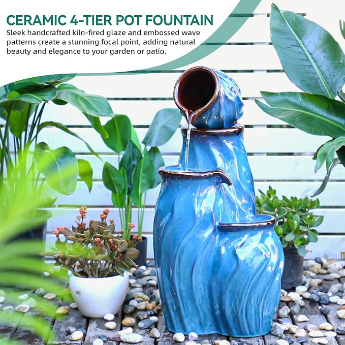 29" Outdoor Water Fountain, Stacked Pots Ceramic Outdoor Fountain | 4-Tier Waterfalls for Garden, Patio, Yard, or Porch Decor, Creating Relaxing Serene Oasis, Dynamic Wave-Texture, Turquoise