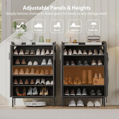 Mericonia Shoe Cabinet with Metal Legs, Farmhouse Large 5-Tier Shoe Storage Cabinet with Doors, Wooden Shoe Organizer for Entryway, Hallway (2 Door Shoe Cabinet, Black Oak-Modern)