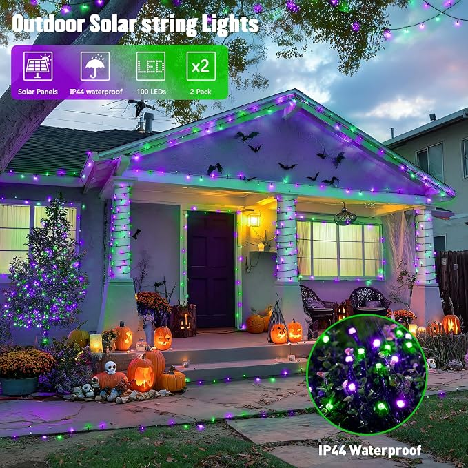 JMEXSUSS 2 Pack Solar Halloween Lights, Total 200LED 66FT, Purple and Green