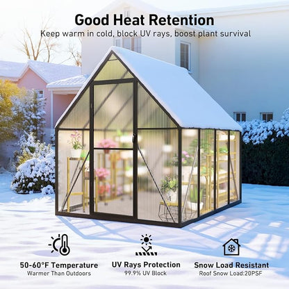 6x8 FT Greenhouse with Hygrometer, Greenhouses for Outdoors with Heavy Duty Aluminum Frame, Quick Setup Plant Gardening Green Houses for Outside with Lockable Door & Vented Roof Window