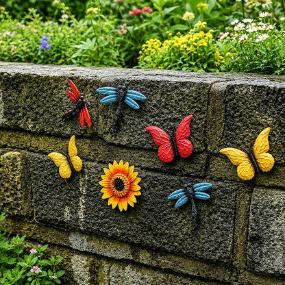 Pumtus 9 Pack Metal Flowers Wall Decor, Small Outdoor Fence Decoration, Butterfly Dragonfly Wall Art Ornament, Hanging Sunflower Animal Sculptures for Garden Patio Backyard Deck Home