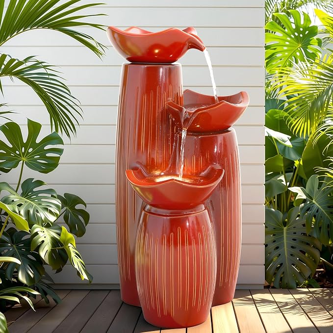 30" H Ceramic Outdoor Water Fountain with LED Lights, 3-Tier Cascading Lotus Bowls Water Feature, Tranquil Waterfall for Relaxing Garden, Patio, Yard, Terracotta Red, Vertical Striped Texture