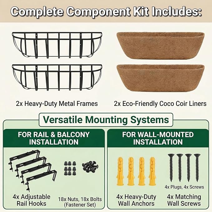 36'' Window Box Railing Planter with Coco Liner,2 Pack Horse Trough Planters Black Metal Hanging Flower Planters Basket for Porch Fence Patio Indoor Outdoor Lawn