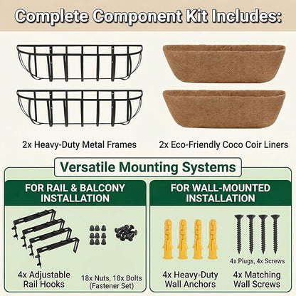16'' Window Box Railing Planter with Coco Liner,2 Pack Horse Trough Planters Black Metal Hanging Flower Planters Basket for Porch Fence Patio Indoor Outdoor Lawn