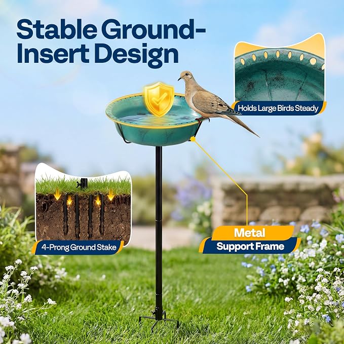 VIVOHOME Bird Bath for Outside, Outdoor 13'' Birdbath Bowl with Metal Ground Stake, Weather-Resistant ABS Bird Bath and Feeder for Garden, 1.45 Gallons, Green