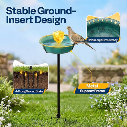 VIVOHOME Bird Bath for Outside, Outdoor 13'' Birdbath Bowl with Metal Ground Stake, Weather-Resistant ABS Bird Bath and Feeder for Garden, 1.45 Gallons, Green