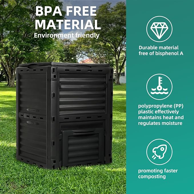 Compost Bin Outdoor, 80 Gallon Large Garden Composter, Black | Large 300L capacity with BPA-free construction, secure flip-latch lid, and easy assembly for garden, kitchen, and yard waste.