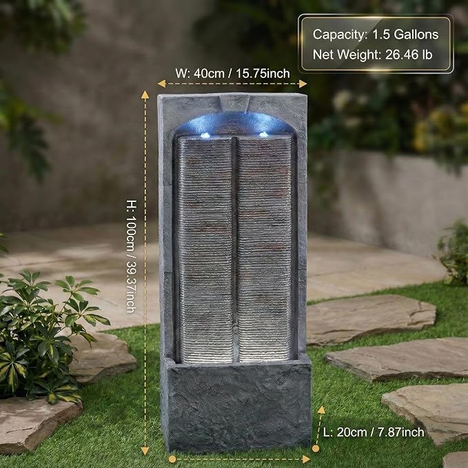 39" Outdoor Water Fountain with Quiet Pump, Outdoor Fountain with LED Lights, Weather-Resistant Outdoor Cascading Freestanding Fountain, Garden Water Feature, Slate-Style Wall, Grey