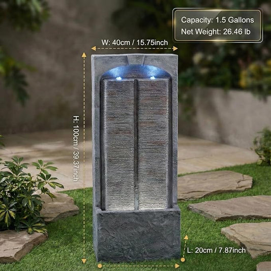 39" Outdoor Water Fountain with Quiet Pump, Outdoor Fountain with LED Lights, Weather-Resistant Outdoor Cascading Freestanding Fountain, Garden Water Feature, Slate-Style Wall, Grey