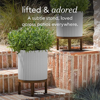 Veradek Demi Series Round Planter w/ Stand for Porch/Patio | Durable Plastic-Concrete & Wooden Stand | Modern Décor for Tall Plants, Flowers