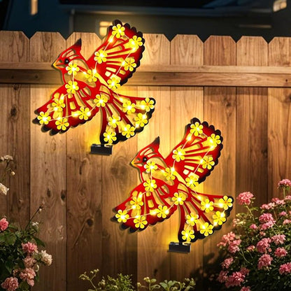 Metal Cardinal Outdoor Wall Decor with 30 Led Solar Lights- 15.9" Outdoor Fence Wall Art Decor, Gift for Mom Grandma Women Birthday Gardening,Hanging Decoration for Garden Patio Porch Yard