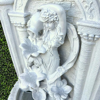 XBrand 30.3" Solar-Powered Outdoor Wall Fountain with Flower Maiden Statue, Antique Stone Waterfall Design for Garden, Yard Décor & Bird Bath, Polyresin