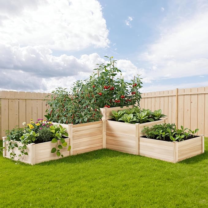 SPECRAFT 3-Tier Raised Garden Bed, Adjustable Fir Wood Outdoor Planter Box with Dividers, Tool-Free Assembly for Vegetables, Herbs, Flowers, 28 Inch Depth