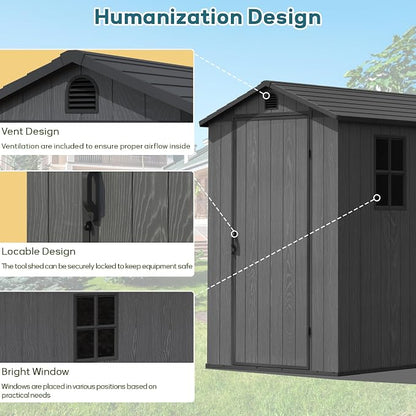 Greesum 4x6FT Plastic Storage Shed with Floor, Resin Outdoor Storaged Sheds with Lockable Door, All Weather Tool Shed with Window and Vent, Easy Assembly for Garden, Patio, Yard, Dark Gray