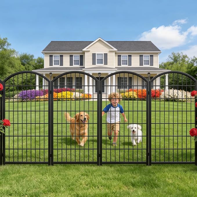 Decorative Garden Fence 48in x17ft, 8 Pack Rustproof Metal No Dig Fence Animal Barrier for Dog, Arched Flower Bed Edging Ornamental Wire Border Panel Fencing (Black, 8 Panels-48in(H))