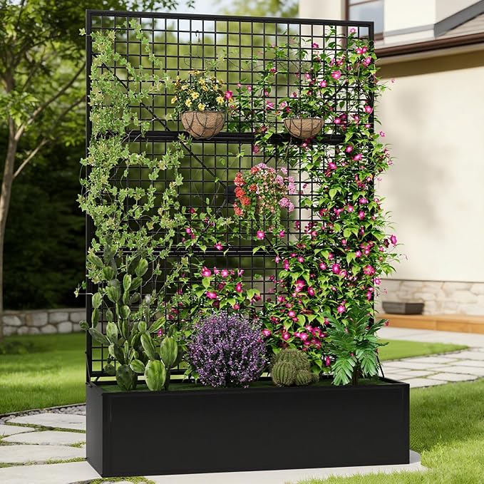 Privacy Planters for Patio – Metal Raised Garden Bed with Trellis and Privacy Screen, 71"×47.2"×16" Planter Box with Drainage Holes for Climbing Plants, Vegetables, and Vines, Outdoor Backyard Black