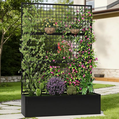 Privacy Planters for Patio – Metal Raised Garden Bed with Trellis and Privacy Screen, 71"×47.2"×16" Planter Box with Drainage Holes for Climbing Plants, Vegetables, and Vines, Outdoor Backyard Black