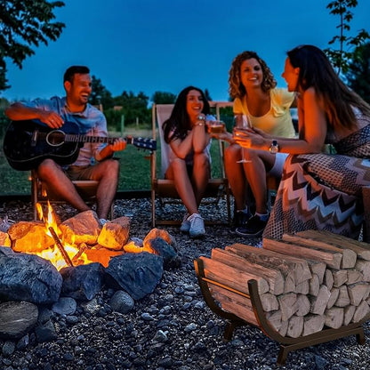 Firewood Rack - 25 inch Outdoor Indoor Metal Firewood Holder With Thickened Trapezoid Base-Double Coated Waterproof Rustproof Fireplace Firewood Stand, Bronze
