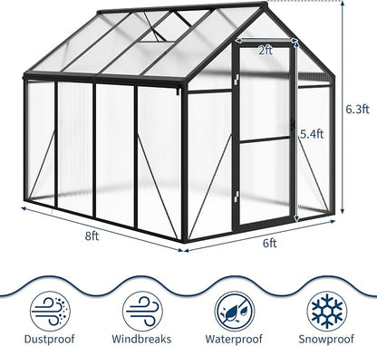 6x8 FT Greenhouse, Greenhouses for Outside, Polycarbonate Greenhouse with Aluminum Frame, Lockable Door and Ajustable Roof Vent for Backyard, Green Houses for Outside Garden Backyard, Patio
