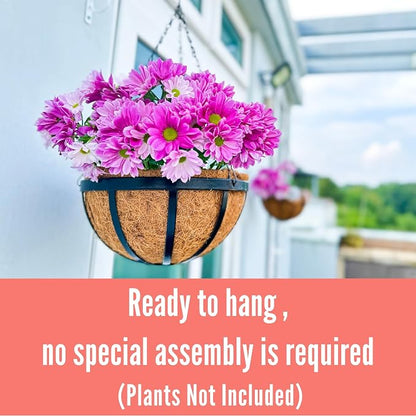 LaLaGreen Outdoor Hanging Baskets for Plants (14 Inch, 6 Pack) Large Black Hanging Planters with Coco Liner, Flat Iron Round Plant Metal Flower Pots for Deck Patio Porch Garden Balcony Outside Decor
