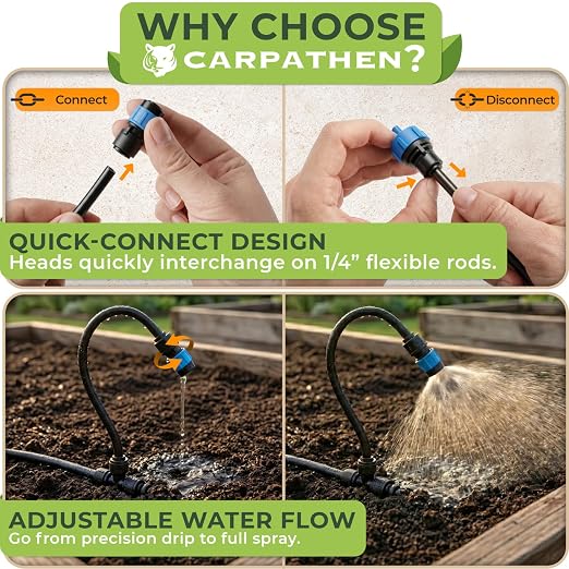 CARPATHEN Drip Irrigation System Kit - Complete Garden Irrigation Kit with 16pcs 360° Adjustable Atomizing Copper Nozzles - Watering Spray System for Raised Beds, Potted Plants, Greenhouse