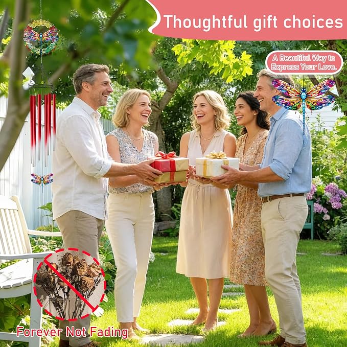 Dragonfly Wind Chimes for Outside with Wind Spinner, Outdoor Summer Garden Patio Yard Porch Decor, Colorful Dragonfly Wind Chime with Gift Box, Birthday Housewarming Gifts for Women Mom