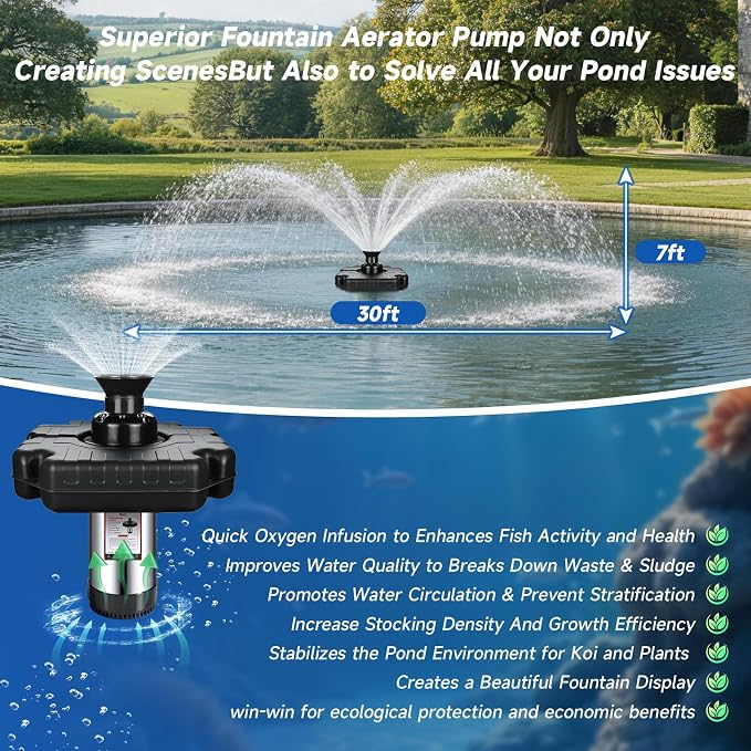 Pond Fountain Aerator, 1HP 110V 750W 15000 GPH Stainless Steel Floating Aerating Fountain Pump with 100 FT Power Cord, Timer, 2 x 100 FT Traction Rope, Powerful Lake Pond Aerator for Larger Ponds