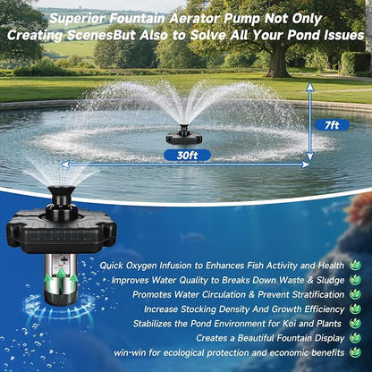 Pond Fountain Aerator, 1HP 110V 750W 15000 GPH Stainless Steel Floating Aerating Fountain Pump with 100 FT Power Cord, Timer, 2 x 100 FT Traction Rope, Powerful Lake Pond Aerator for Larger Ponds