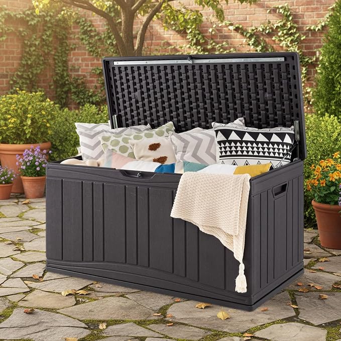Tangkula 80 Gallon Outdoor Storage Box, Large HDPE Resin Patio Storage Box with Gas Struts & Lockable Lid, 2-in-1 Waterproof Deck Box for Package Delivery, Garden Tools, Outdoor Cushions