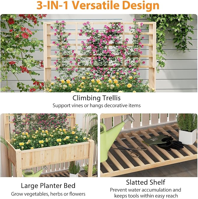 Giantex Raised Garden Bed with Trellis, Wooden Elevated Planter Box with Legs, Drainage Holes for Climbing Plants Vines Vegetables Flowers Herbs, Outdoor Horticulture Planter for Patio Backyard