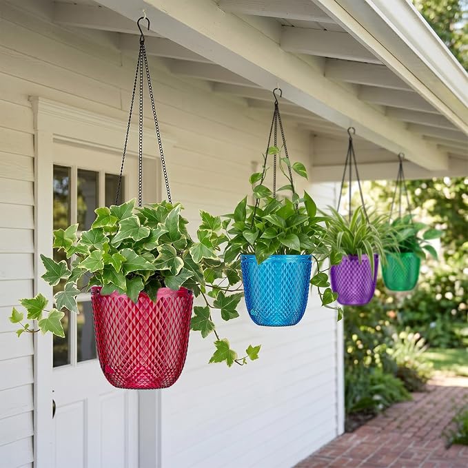 QCQHDU Hanging Planters for Indoor Plants, 2-Pack, 7.2 Inch, Red | Plastic, Self Watering Plant Hanger, with Drainage Holes, 3 Hooks Chains, For Garden Home
