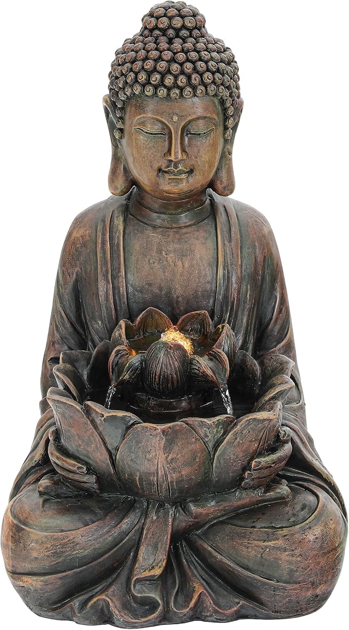 29" Zen Meditating Buddha Statue Outdoor Fountain with LED Lights | Zen Style Water Feature with Resin Lotus Soothing Cascading Waterfall for Patio, Backyard, Garden or Porch