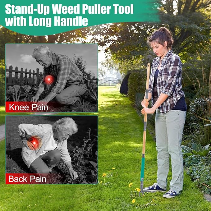 Pragmatist Stand Up Weed Puller Tool with Dual Weed Eject Tech, 4 Claw Steel Head Garden Tools 57.1" Long Handle Weeder, Heavy Duty No Bend Weed Remover for Dandelions, Thistles, Lawn and Yard