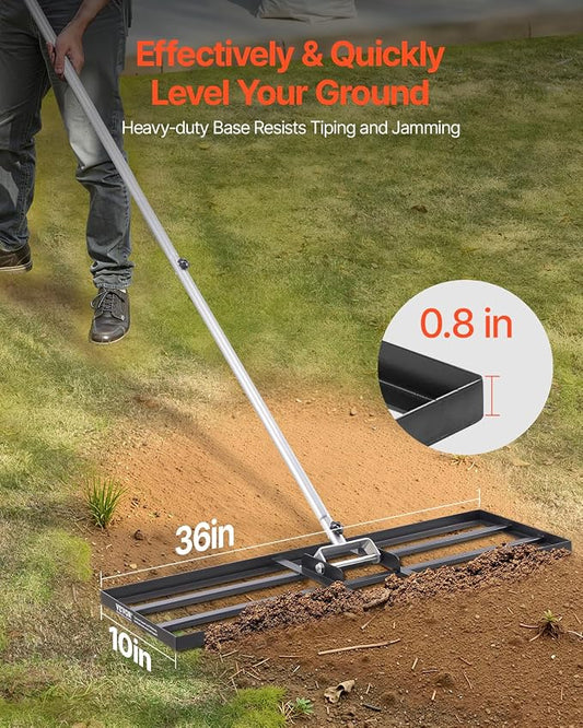 VEVOR Lawn Leveling Rake, Lawn Leveler with 83.9 in Handle, 36x10 in Ground Plate, Rust-Resistant Carbon Steel Soil Leveler, 3 Heights Adjustable, Effort Saving Lawn Leveling Tool for Yard Golf Court