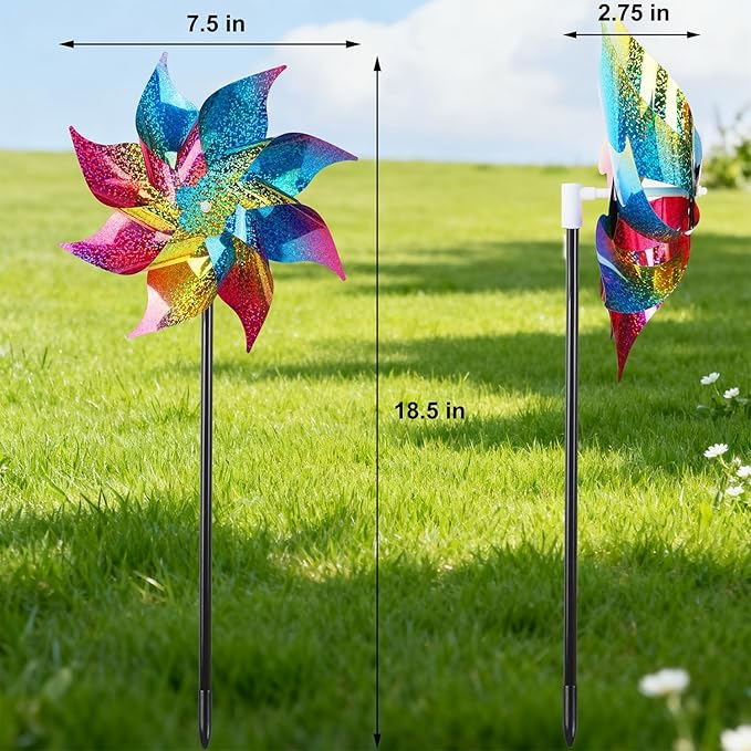 Hausse 12 Pack Reflective Pinwheels with Stakes (Pre-Assembled), Extra Sparkly Rainbow Pin Wheel for Garden Decor, Bird Repellent Devices Deterrent to Scare Birds Away from Yard Patio Farm, Colorful